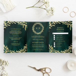Invitation Trois Volets Vert émeraude Branche de feuille d'or Tout en Un M