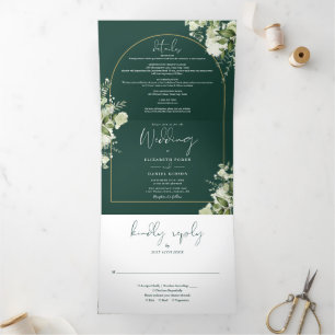 Invitation Trois Volets Vert émeraude Or Arch Feuillage Photo Mariage