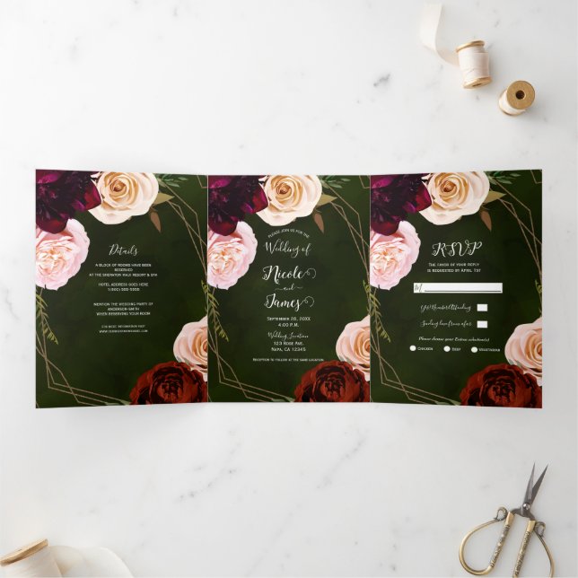 Invitation Trois Volets Vert émeraude or foncé floral mariage trifold (Intérieur)