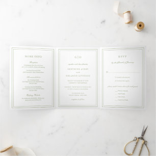 Invitation Trois Volets Vert sauge élégant mariage classique