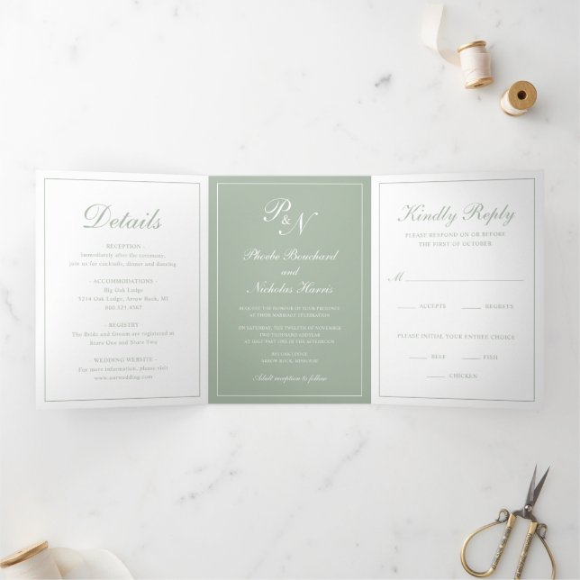 Invitation Trois Volets Vert sauge Mariage Classique Élégant (Intérieur)