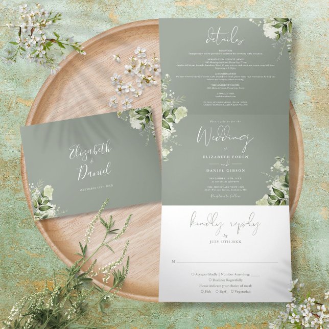 Invitation Trois Volets Vert sauge Moderne Photo Botanique de Verdure Mari (Sage Green Modern Botanical Greenery Photo Wedding Tri-Fold Invitation)