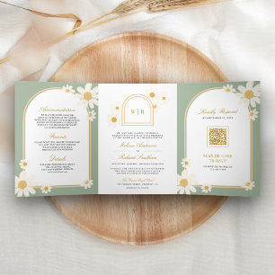 Invitation Trois Volets Vert sauge rétro jaune Daisy Mariage tout-en-un