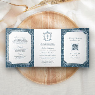 Invitation Trois Volets Victorian Dusty Bleu catholique QR Code Mariage