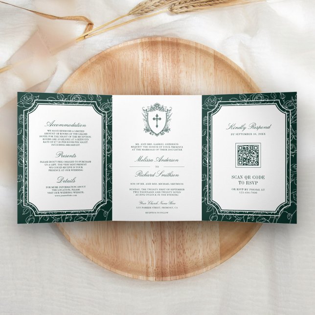Invitation Trois Volets Victorian Emerald Green catholique QR Code Mariage (Créateur téléchargé)