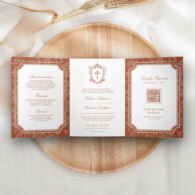 Invitation Trois Volets Victorian Terracotta catholique QR Code Mariage (Créateur téléchargé)