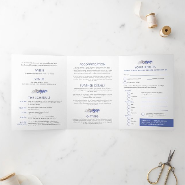 Invitation Trois Volets Vignes d'automne bleu gris aquarelle mariage tout- (Intérieur)