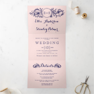 Invitation Trois Volets Vintage bleu marine cadre et initiales blush maria