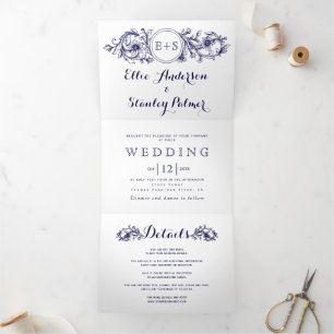 Invitation Trois Volets Vintage bleu marine cadre floral, initiales mariag