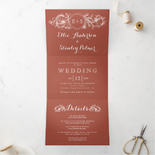 Invitation Trois Volets Vintage cadre fleuri en terre cuite mariage