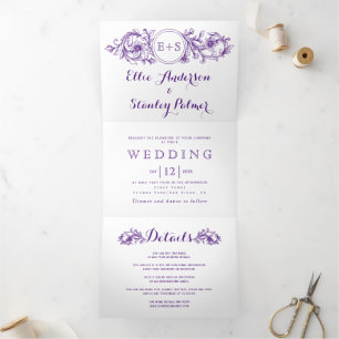 Invitation Trois Volets Vintage cadre fleuri violet avec mariage des initi