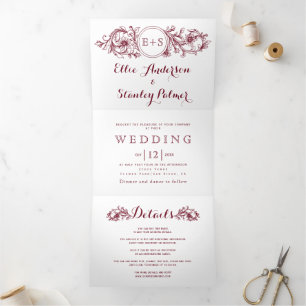 Invitation Trois Volets Vintage cadre floral bordeaux, initiales mariage