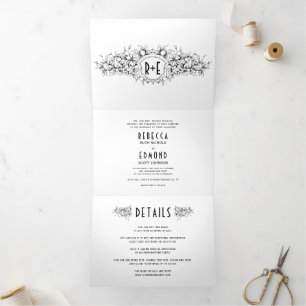 Invitation Trois Volets Vintage crête héraldique avec initiales mariage