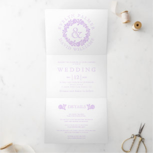 Invitation Trois Volets Vintage lavande violet rose mariage