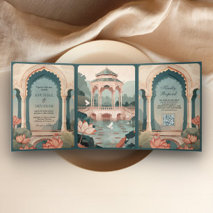 Invitation Trois Volets Vintage Lotus Pond Rustic Indian Palace Mariage