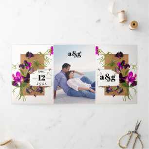 Invitation Trois Volets Vintage pois rose doux et initiales mariage floral