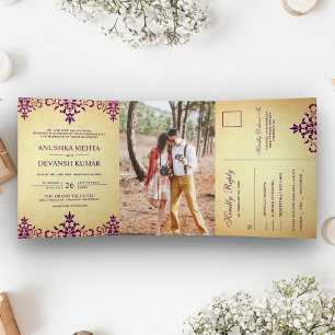 Invitation Trois Volets Vintage pourpre damassé Mariage indien traditionne