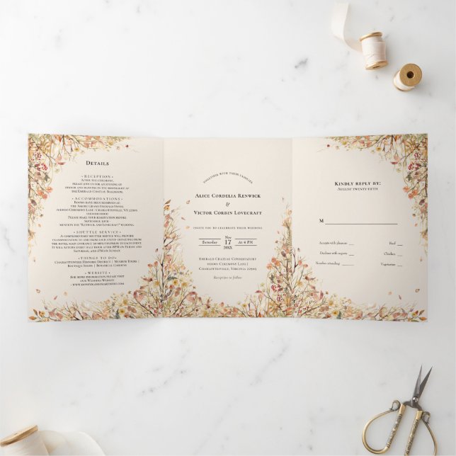 Invitation Trois Volets Vintage Russe Automne Mariage beige (Intérieur)
