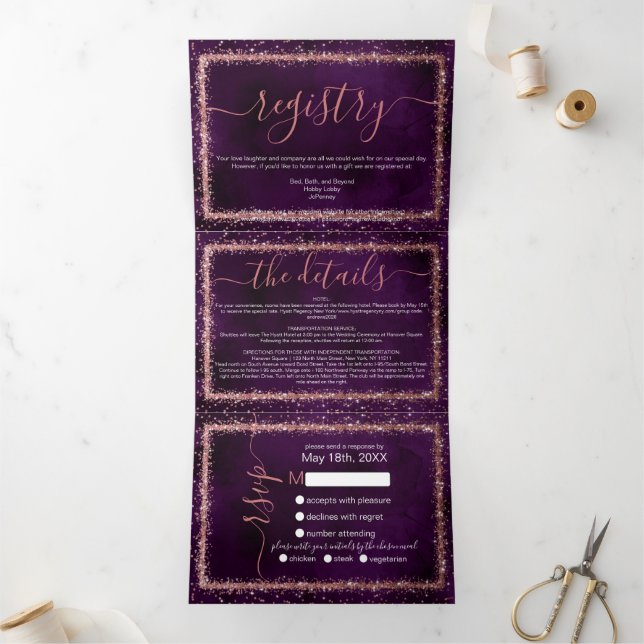 Invitation Trois Volets Violet Rose Gold Sprinled Confetti Détail RSVP (Intérieur)