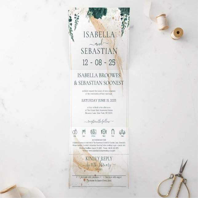 Invitation Trois Volets Wedding White All in one Emerald Green Rose Floral (Intérieur)