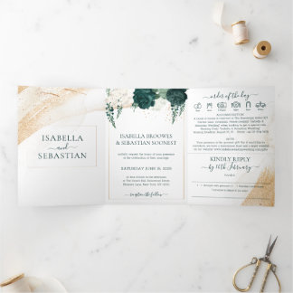 Invitation Trois Volets Wedding White All in one set Emerald Green Roses