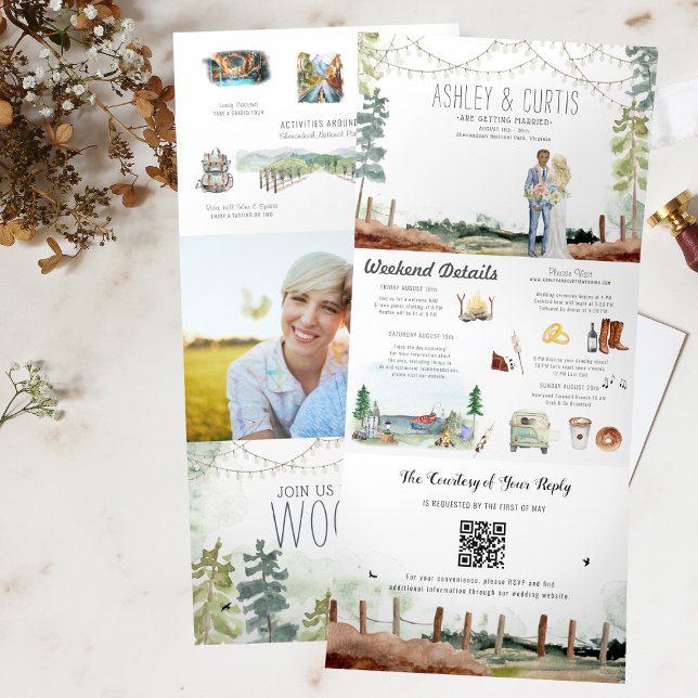 Invitation Trois Volets Week-end rustique dans les bois | Mariage en forêt (Créateur téléchargé)