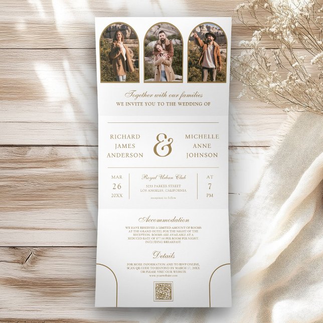 Invitation Trois Volets White Gold Arch Photo QR code Wedding (Créateur téléchargé)