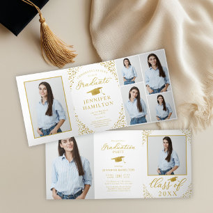 Invitation Trois Volets White Gold Confetti Photo Graduation Party