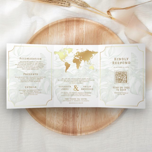 Invitation Trois Volets White Gold Tropical Destination World Map Wedding (Créateur téléchargé)