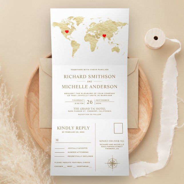 Invitation Trois Volets White Gold World Map All in One Wedding (Créateur téléchargé)