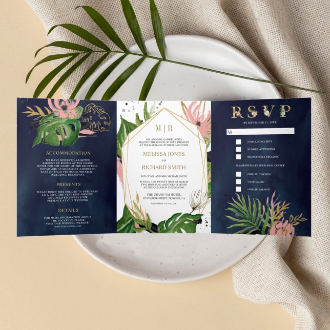 Invitation Trois Volets Wild Tropical Gold Blush rose Floral Mariage (Créateur téléchargé)