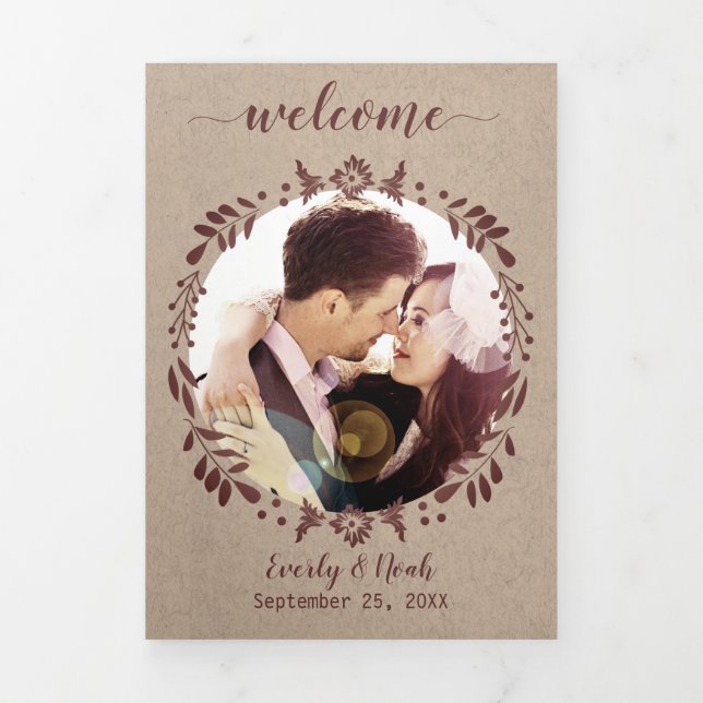 Invitation Trois Volets Winery Burgundy Wreath Mariage Photo Itinéraire (Page de couverture)