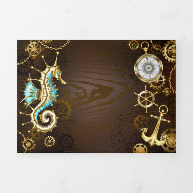 Invitation Trois Volets Wooden Background with Mechanical Seahorse (Page de couverture)