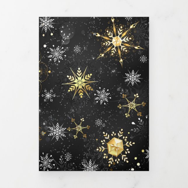 Invitation Trois Volets Xmas Golden Snowflakes on Black Background (Page de couverture)