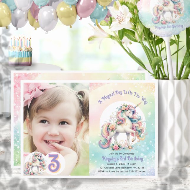 Invitation Troisième 3ème Unicorne Anniversaire Party Pastel  (Third 3rd Unicorn Birthday Party Pastel Rainbow Invitation)