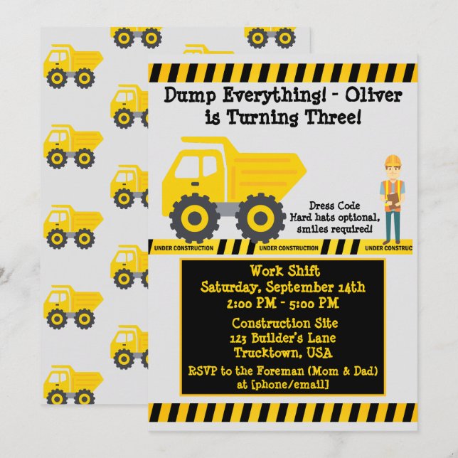 Invitation Troisième anniversaire camion de chantier benne ja (Devant / Derrière)