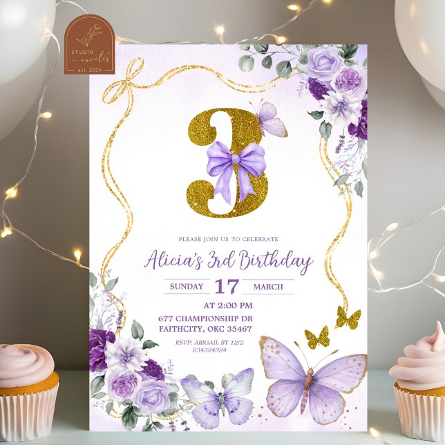 Invitation Troisième anniversaire de Papillon Violet Coquette (Créateur téléchargé)
