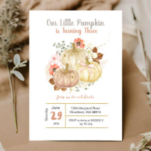 Invitation Troisième anniversaire Gold Citrouilles Floral