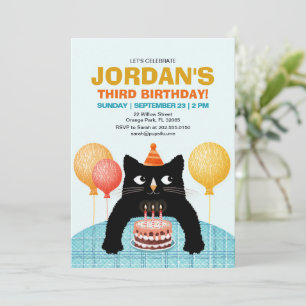 Invitation TROISIÈME fête d'anniversaire avec un chat et un g