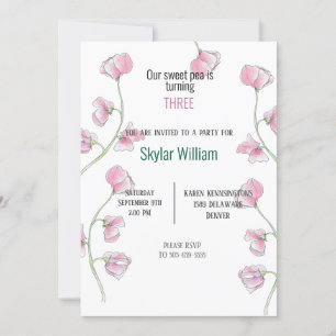 Invitation Troisième fête d'anniversaire Pink Sweet Pea