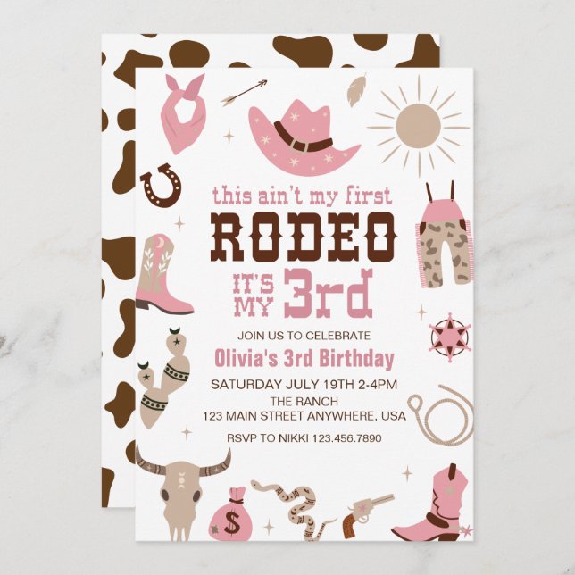 Invitation Troisième Rodéo Western Cowgirl 3e anniversaire (Devant / Derrière)