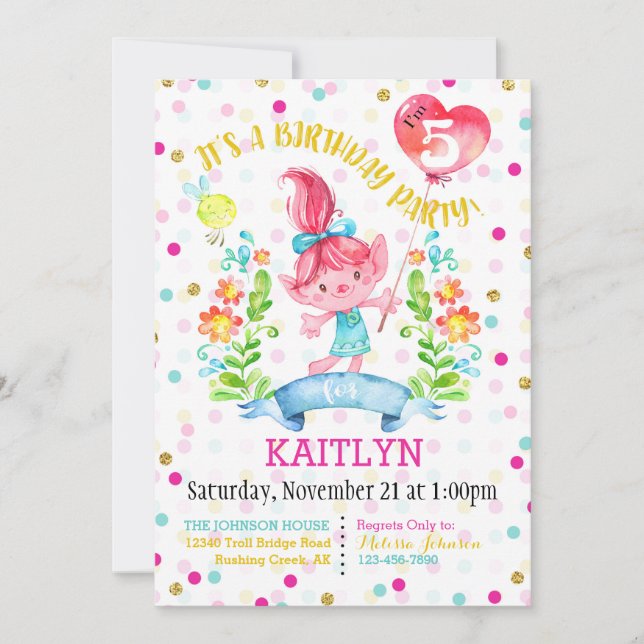 Invitation Troll Fleurs Fille Balloon Cinquième Anniversaire (Devant)