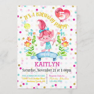 Invitation Troll Fleurs Fille Balloon Cinquième Anniversaire