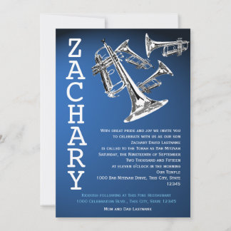 Invitation Trompettes Musique Bleu foncé Barre Mitzvah