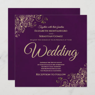 Invitation Troncs d'or sur Plum Purple Elegant Mariage Carré