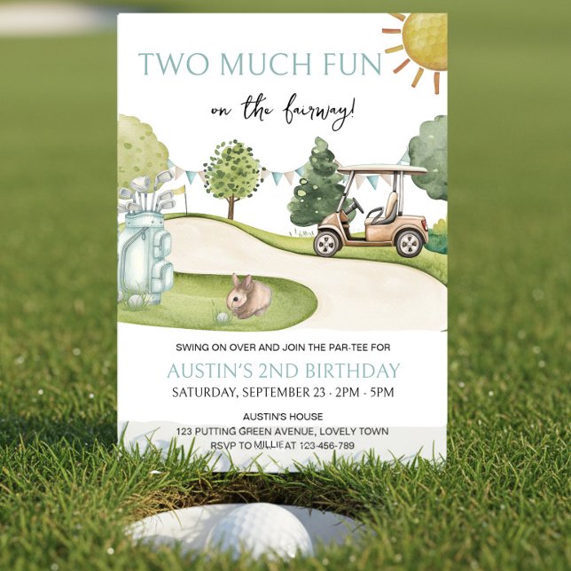 Invitation Trop de plaisir Thème de golf 2e Anniversaire Par- (Two Much Fun on the Fairway - golf themed 2nd birthday party invitation)