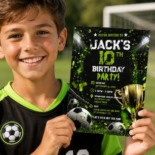 Invitation Trophée de stade de football vert néon pour annive