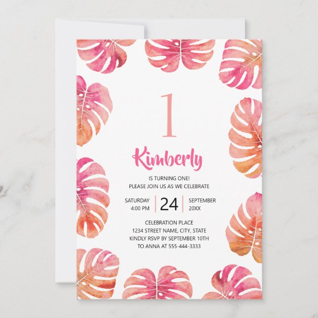 Invitation Tropical 1er anniversaire fête Pink Summer Beach (Devant)