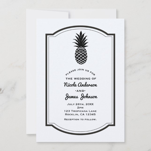 Invitation Tropical à l'ananas noir et blanc Élégant Chic (Devant)