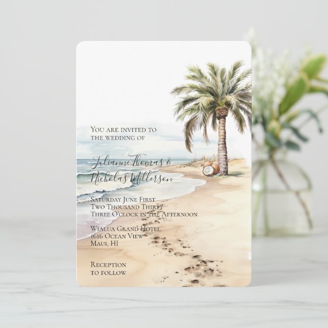 Invitation Tropical Aloha Beach Cocots Palm Tree Mariage (Debout devant)